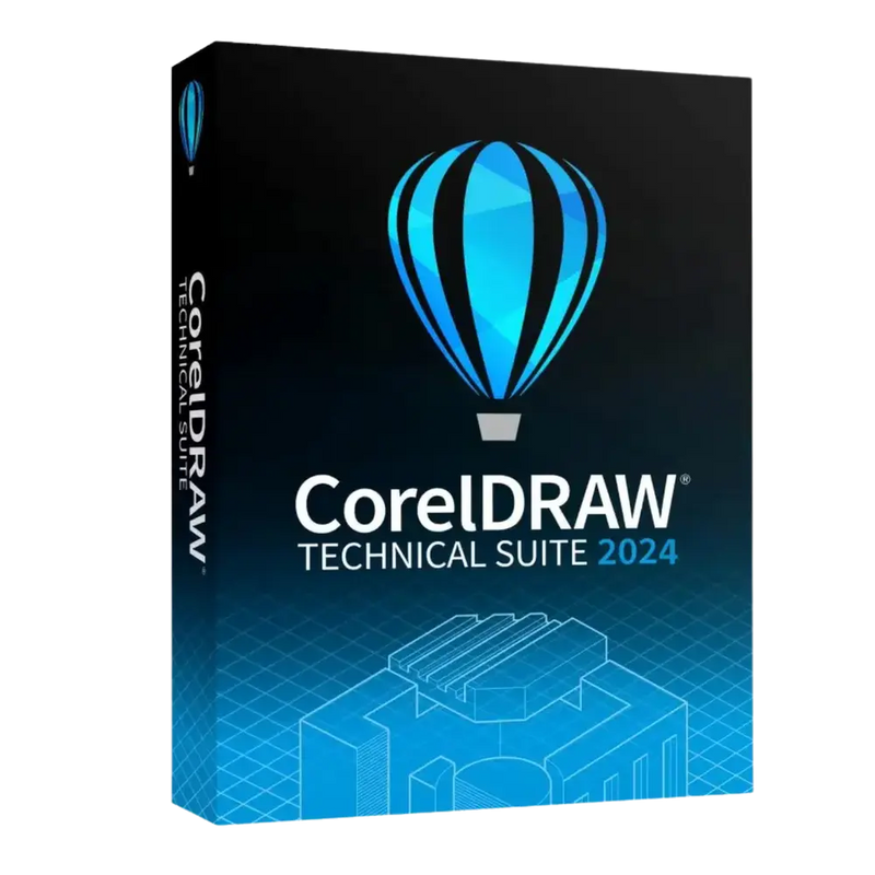 CorelDRAW Technical Suite 2024 Softwarebox mit blauem Ballon-Logo und einem Blaupausen-Design