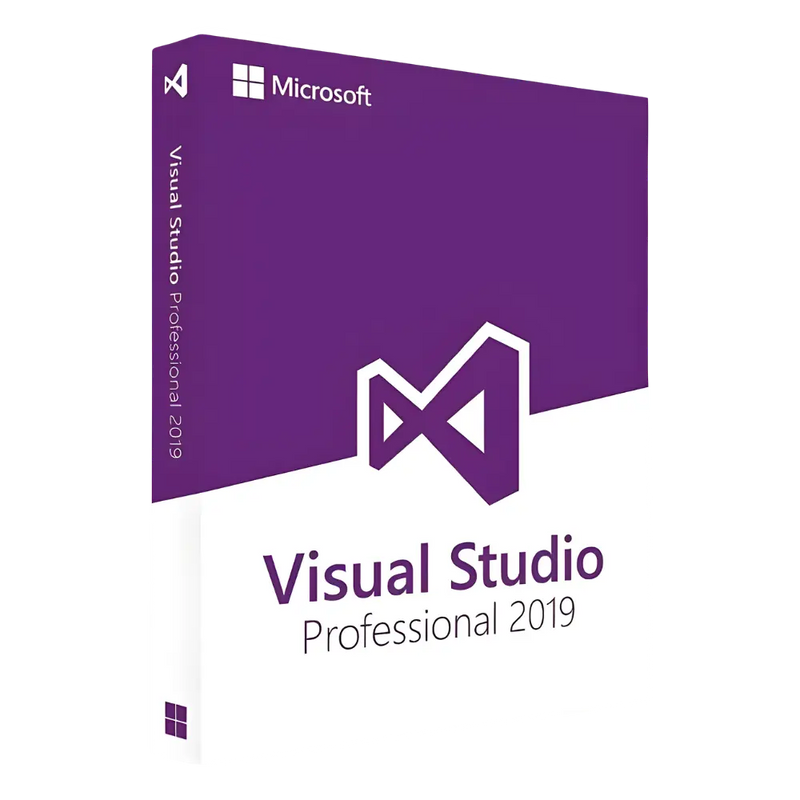 Eine Box für Visual Studio Professional 2019 mit einem violetten Design und dem Logo von Microsoft