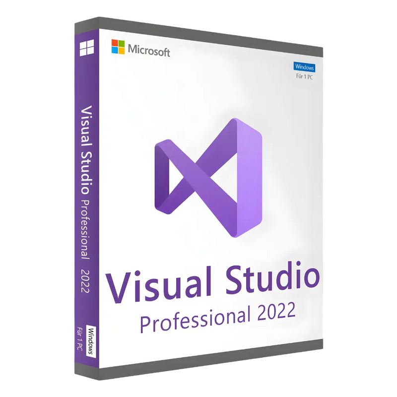 Microsoft Visual Studio Professional 2022 Softwarebox, zeigt lila Logo und Windows-Kompatibilität