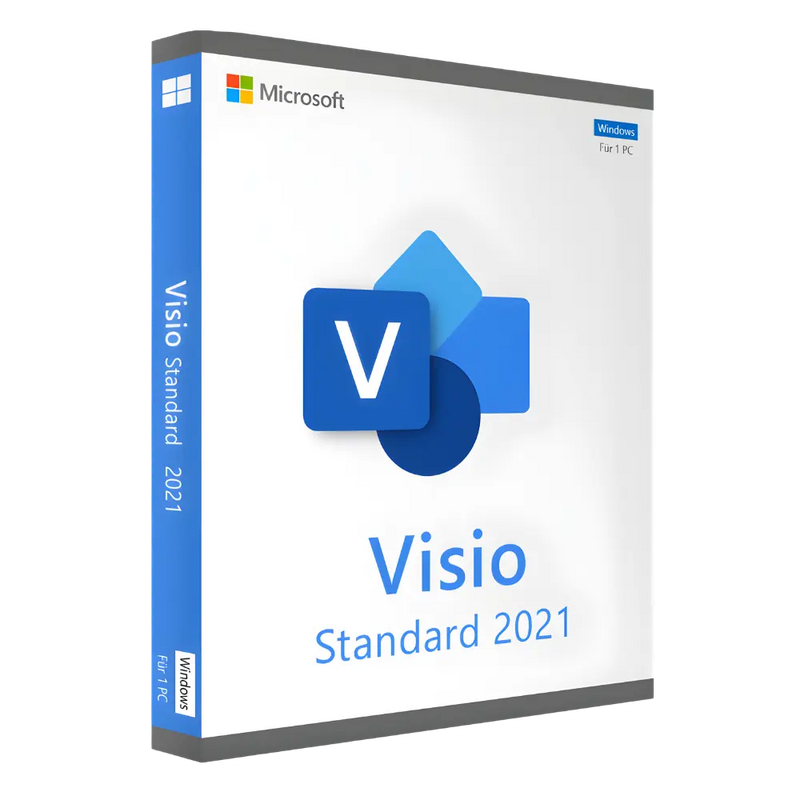 Softwarebox von Microsoft Visio Standard 2021 für Windows, die Logo und Produktnamen zeigt