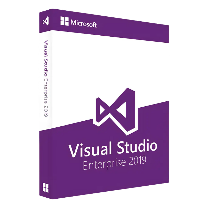 Lila Softwarebox für Microsoft Visual Studio Enterprise 2019 mit Logo