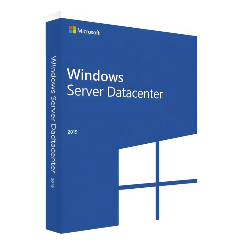 Box mit Windows Server Datacenter 2019 mit blauem Design und Microsoft-Logo